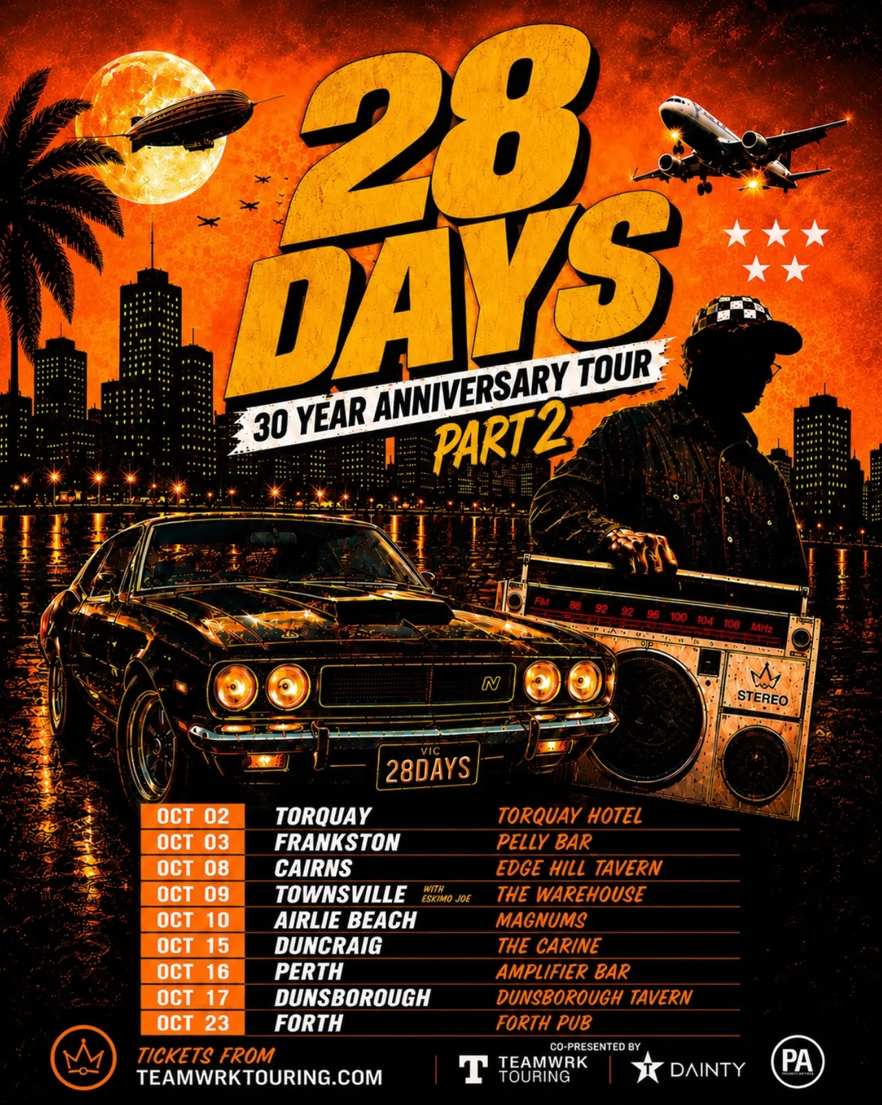 Tour poster for 28 Days 30 Year Anniversary Tour Part 2. Features a black muscle car, a boombox, a skyline, and orange skies with a full moon.
