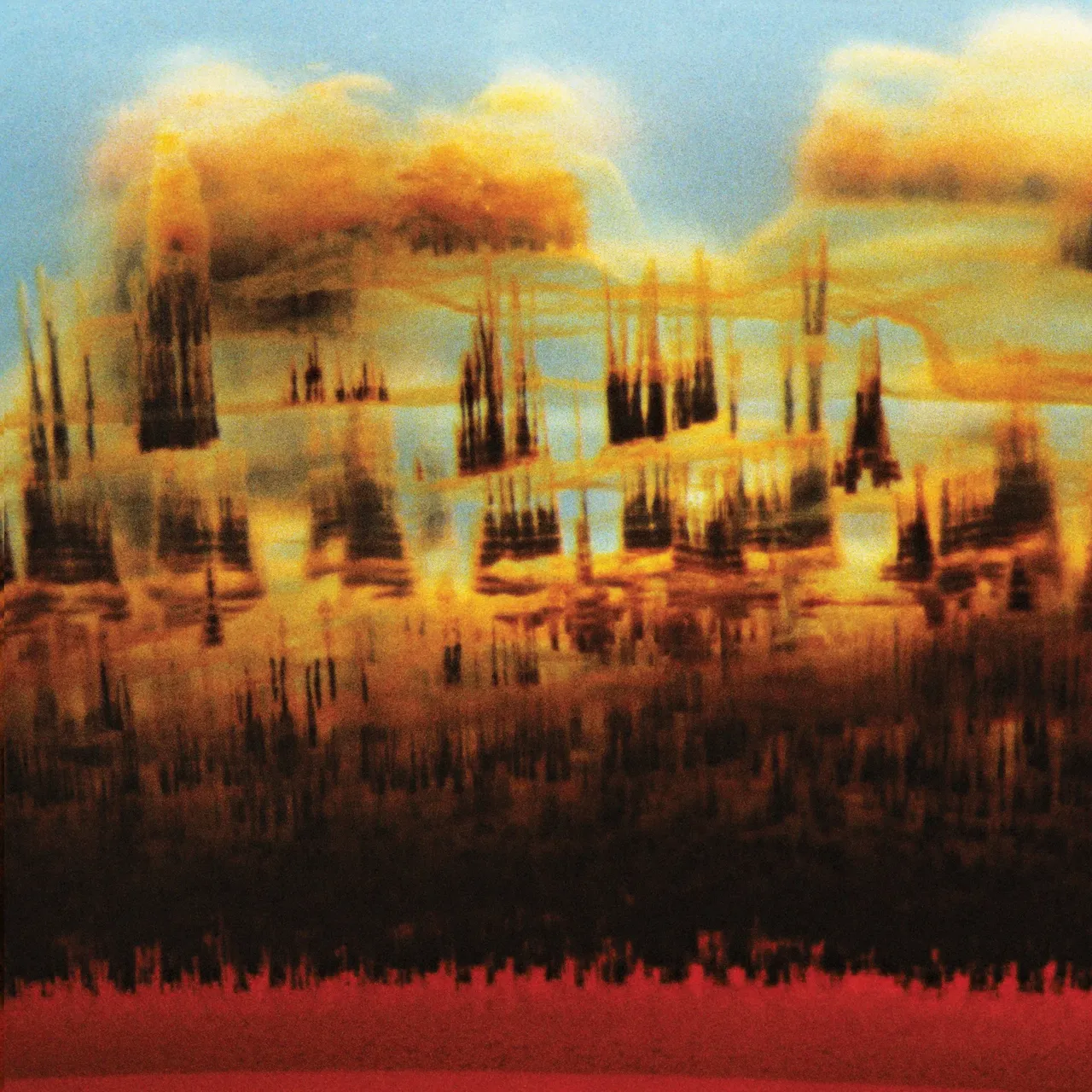 Abstract artwork for Bonobo's album Migration, featuring a hazy, surreal desert landscape with floating rock towers.