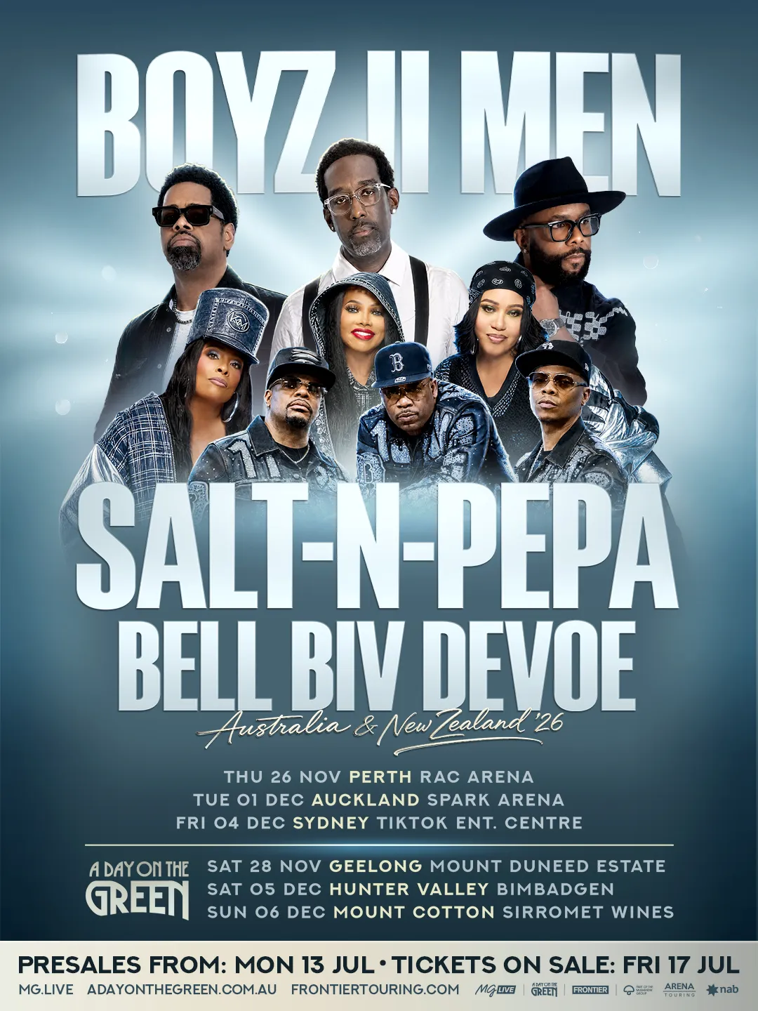 Boyz II Men 2026 Australia and New Zealand tour poster with Salt-N-Pepa and Bell Biv DeVoe, listing dates for Sydney, Perth, and Auckland.