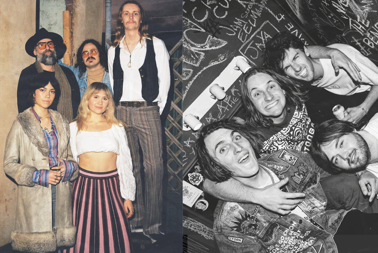 Split promotional photo featuring Australian music groups Caressa and LOLA in side-by-side band portraits.