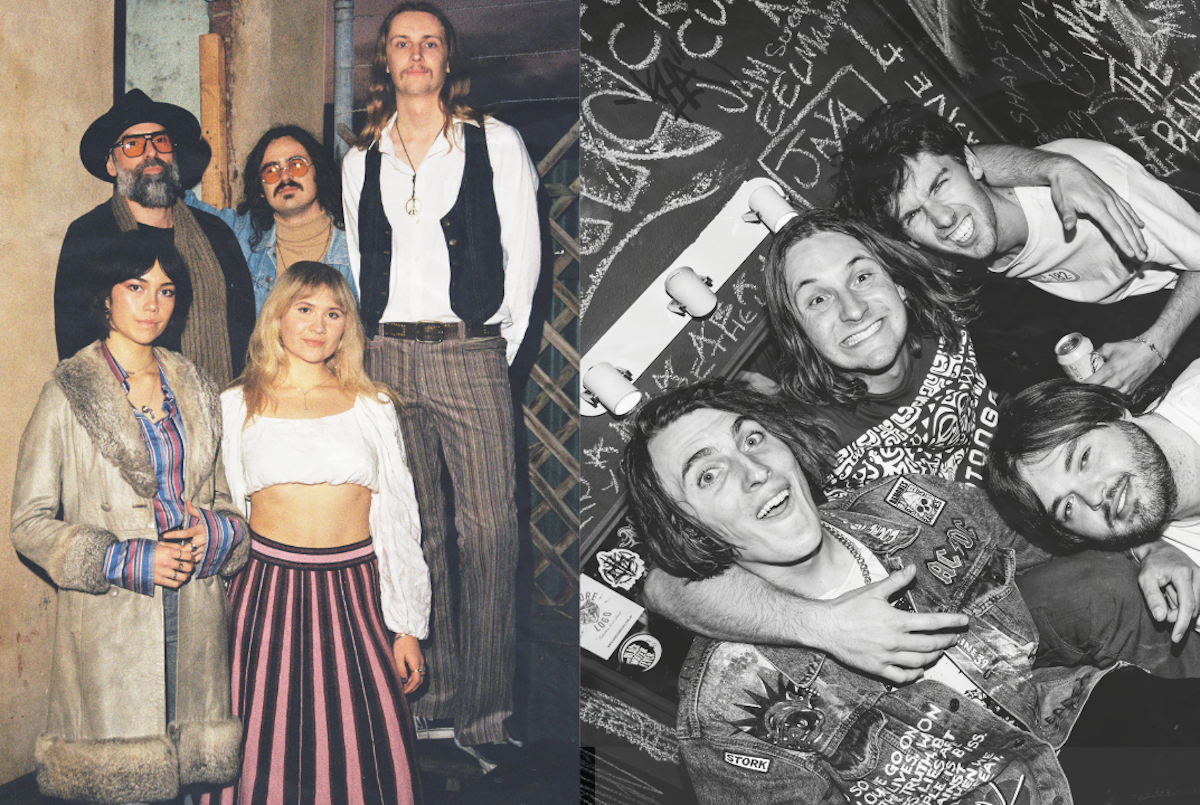 Split promotional photo featuring Australian music groups Caressa and LOLA in side-by-side band portraits.