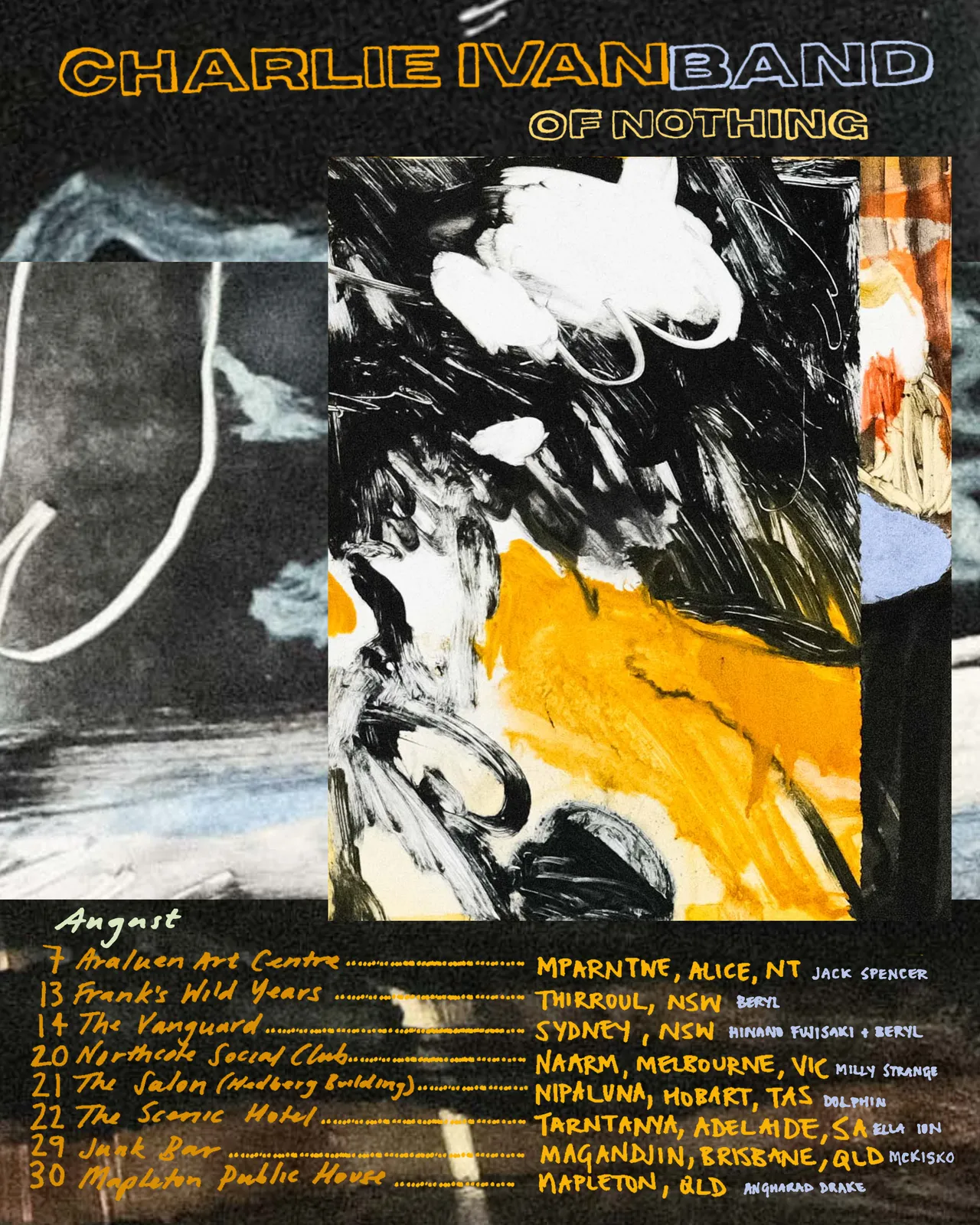 Charlie Ivan Band Of Nothing August Australian tour poster with abstract art, listing concert dates for Sydney, Melbourne, Brisbane, and Adelaide.