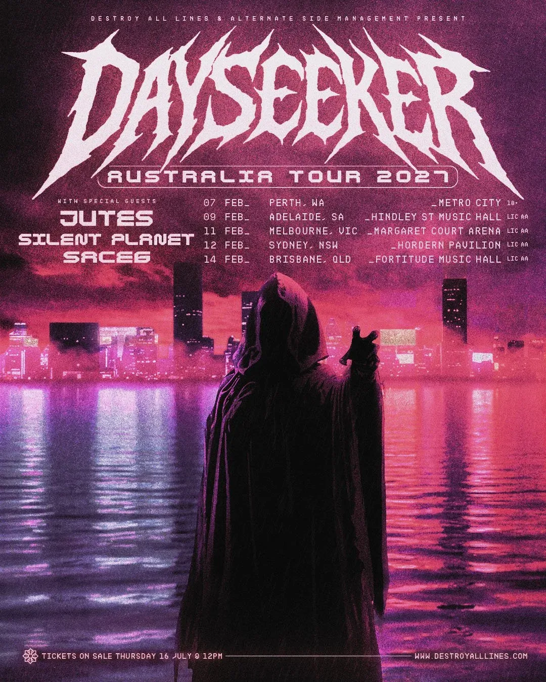 Dayseeker Australia Tour 2027 poster with Jutes and Silent Planet, showing a hooded figure against a pink cityscape with concert dates.
