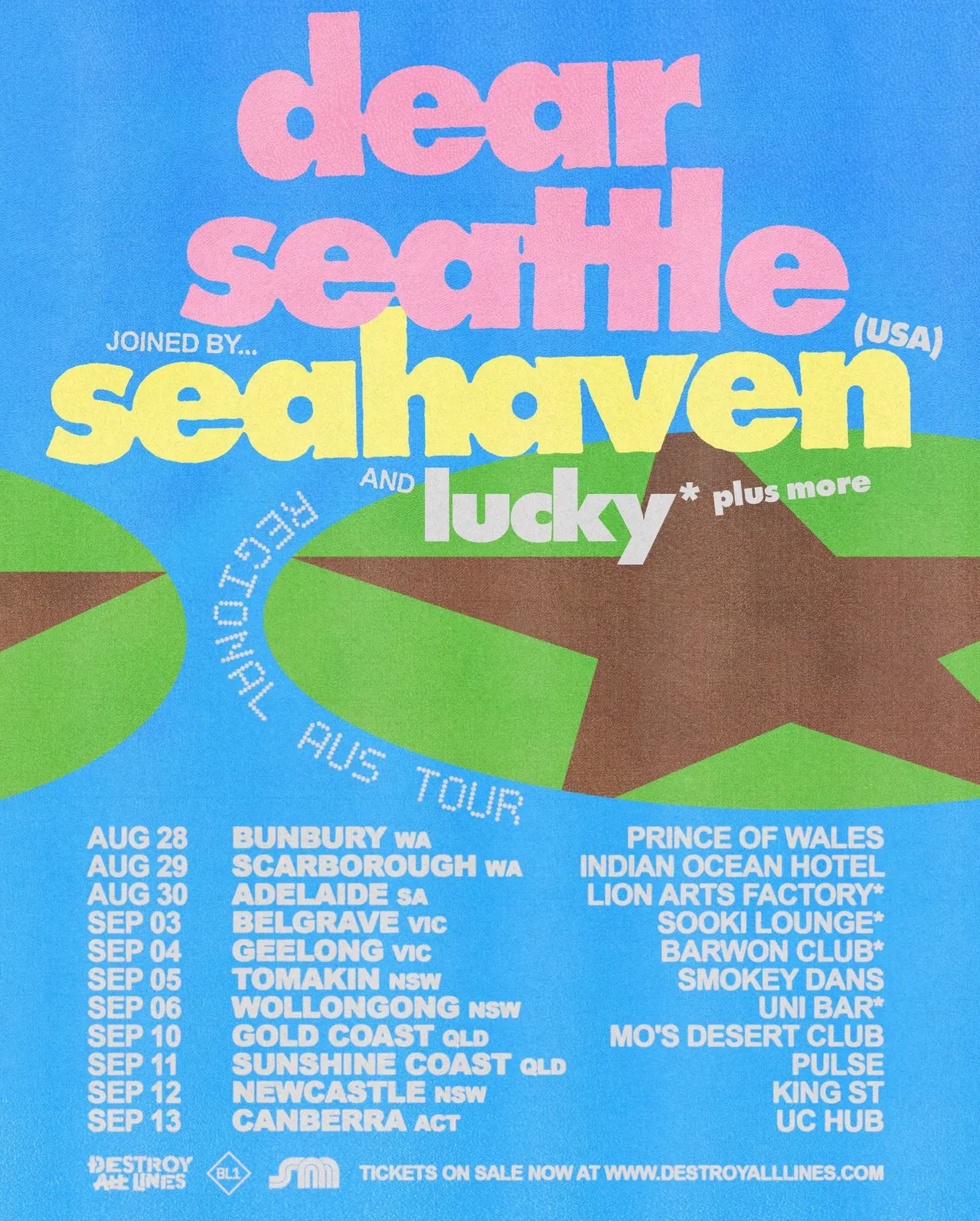 Dear Seattle regional Australian tour poster with Seahaven and Lucky. Blue background featuring pink, yellow, and white text above listed tour dates.