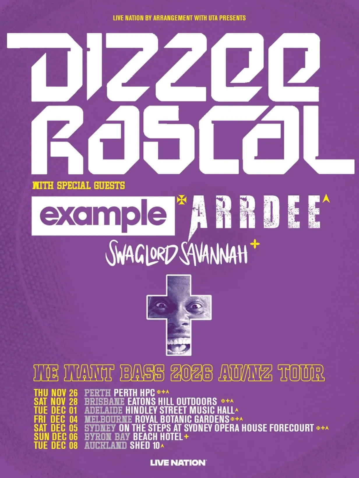 Tour poster for Dizzee Rascal "We Want Bass" 2026 AU/NZ Tour on a purple background, featuring a cutout of his face inside a cross shape.