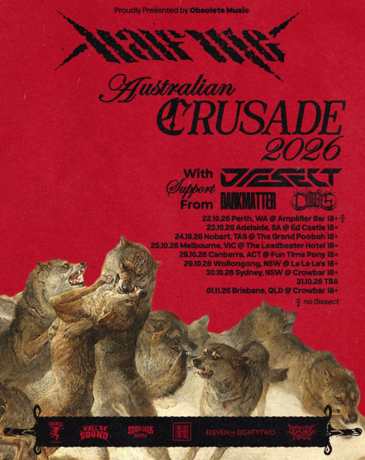 Red tour poster for Half Me's Australian Crusade 2026, displaying October and November concert dates above an illustration of fighting wolves.