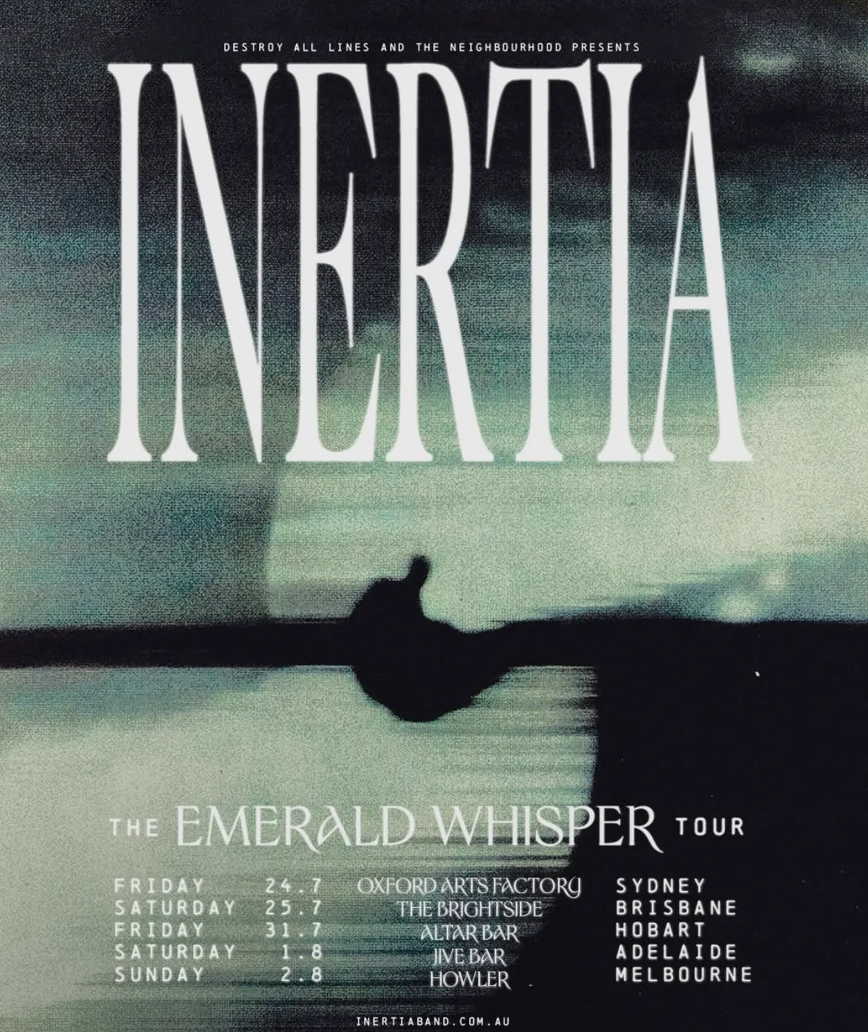 Inertia The Emerald Whisper Tour poster with large white text over a dark silhouette graphic on a hazy green backdrop for Inertia Tour Poster