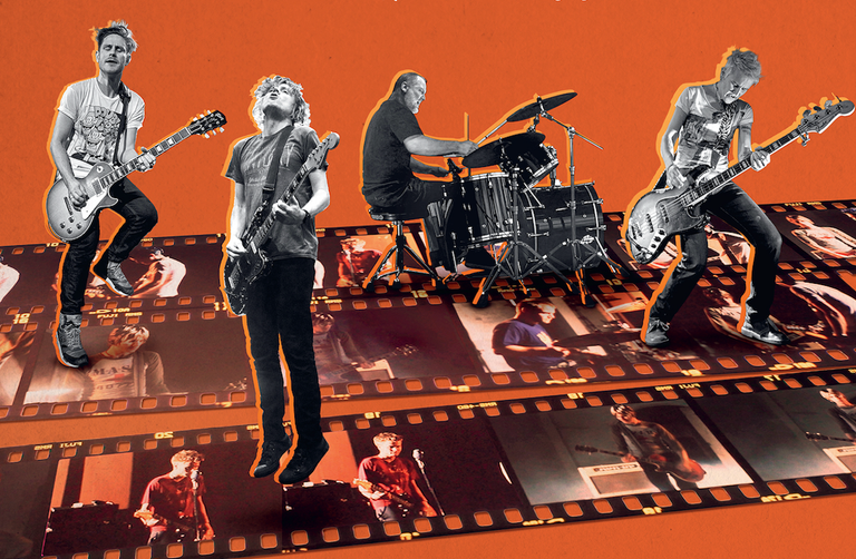 Australian alt-rock band Jebediah performing on guitar, drums, and bass, overlaid on film strip contact sheets against an orange background.