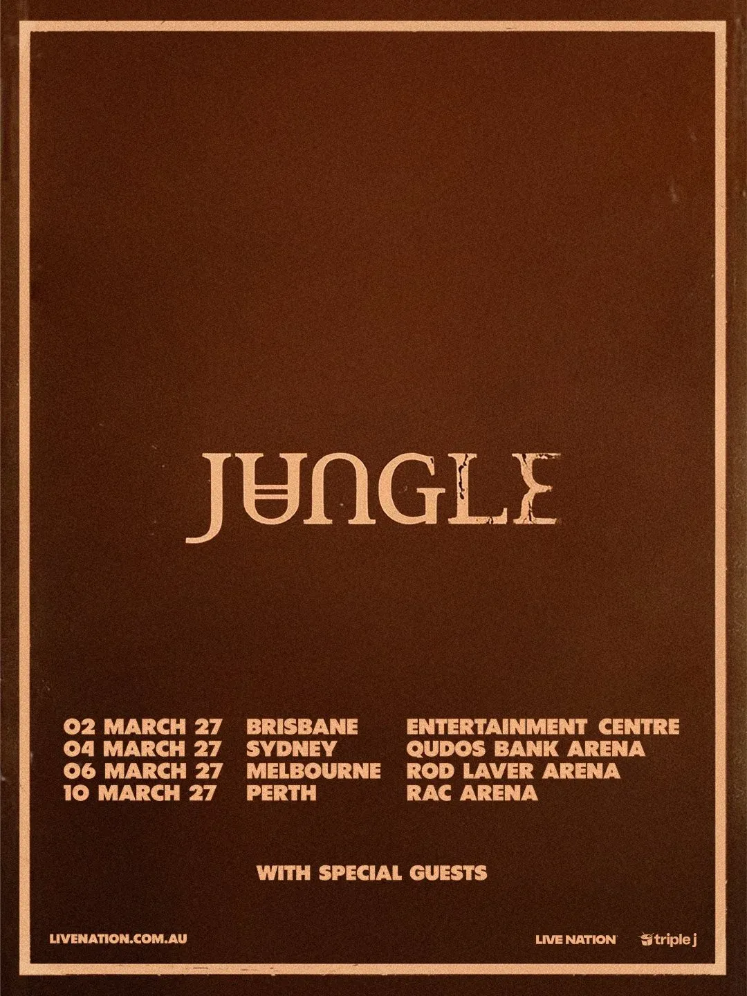 Jungle Australian tour poster in brown and tan, listing March 2027 concert dates for Brisbane, Sydney, Melbourne, and Perth arenas