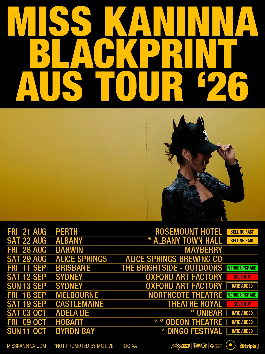 Miss Kaninna Blackprint Aus Tour '26 poster listing Australian concert dates for cities like Perth, Brisbane, Sydney, Melbourne, and Adelaide.