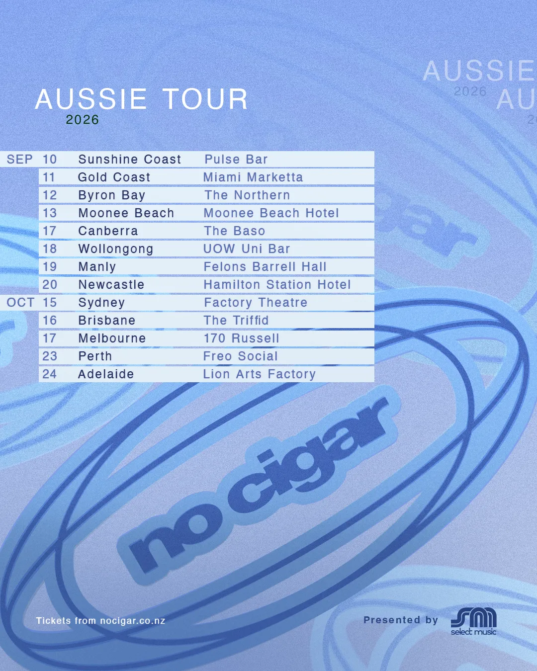 No Cigar 2026 Aussie Tour poster featuring a list of concert dates and venues over a light blue background with a stylized, layered oval band logo.