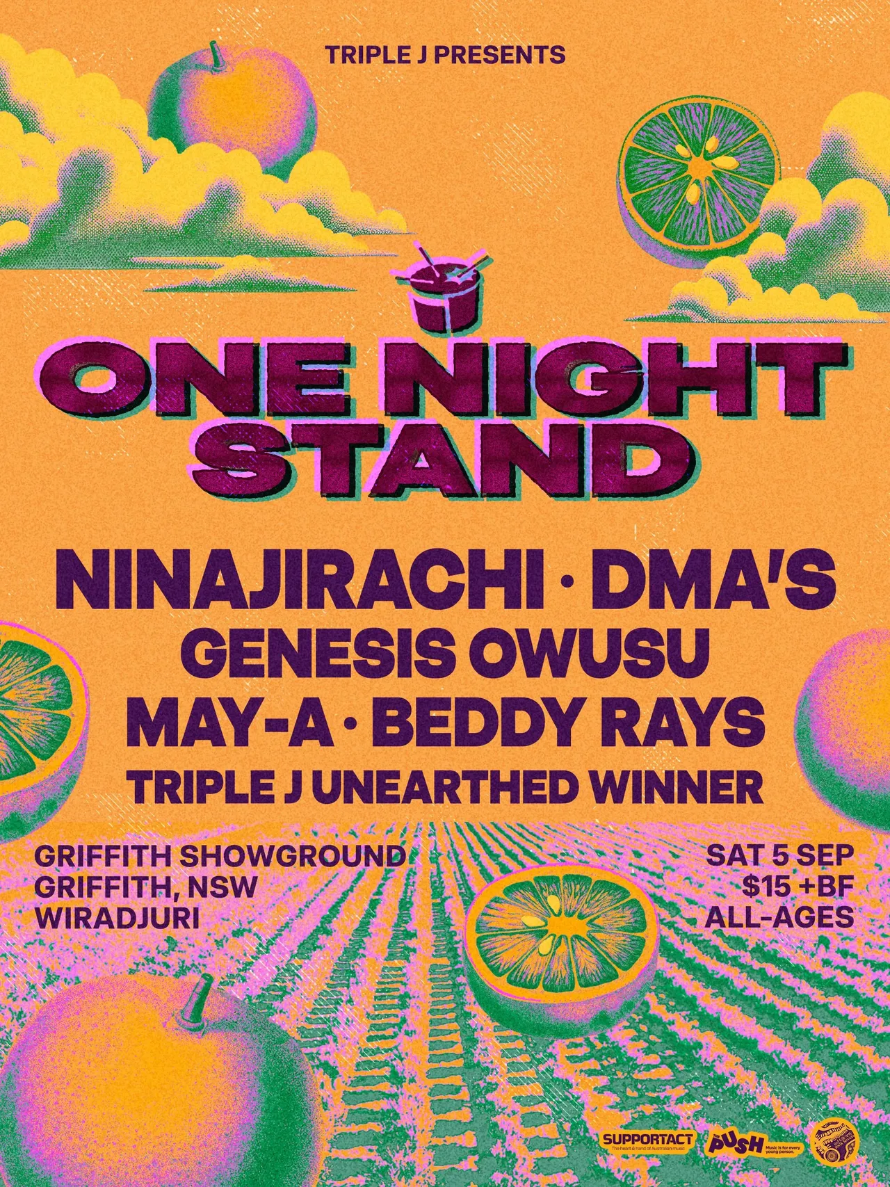 Poster for triple j's One Night Stand on Sat 5 Sep, featuring Ninajirachi, DMA'S, Genesis Owusu, MAY-A, Beddy Rays, over a grainy orange citrus theme.