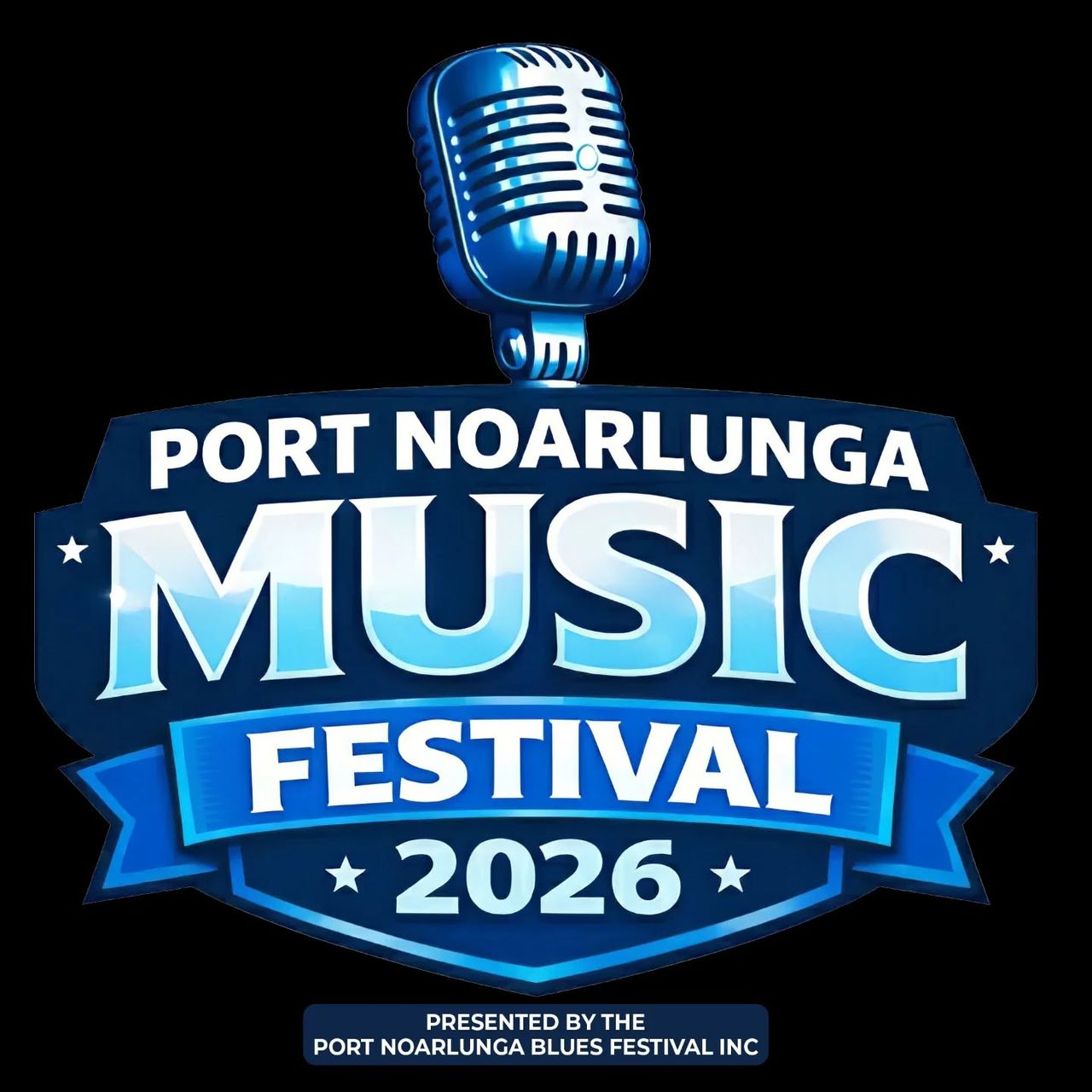 Port Noarlunga Music Festival 2026 official logo featuring a blue vintage microphone and text presented by the Port Noarlunga Blues Festival
