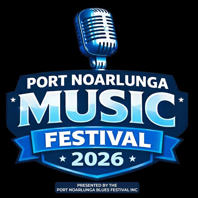 Port Noarlunga Music Festival 2026 official logo featuring a blue vintage microphone and text presented by the Port Noarlunga Blues Festival
