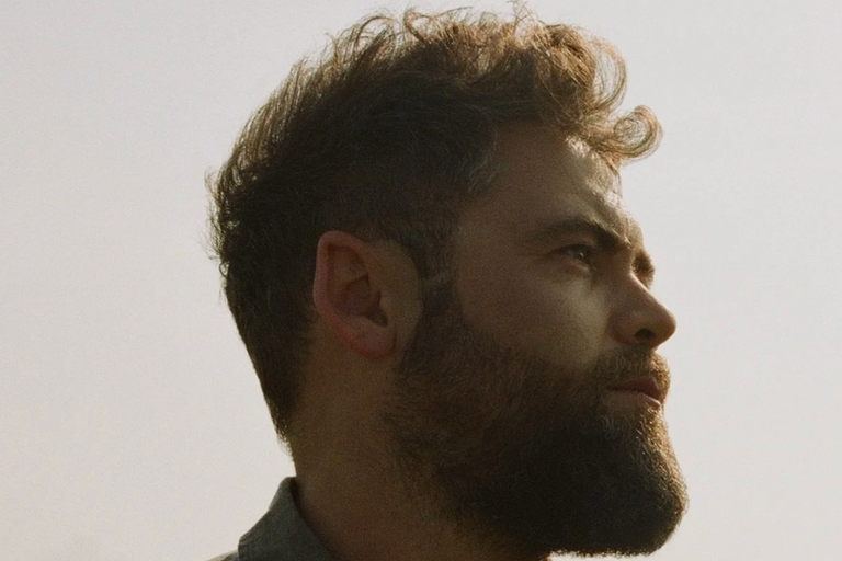 Side profile portrait of singer-songwriter Passenger (Mike Rosenberg) with a beard and curly hair, looking upward against a soft outdoor sky.