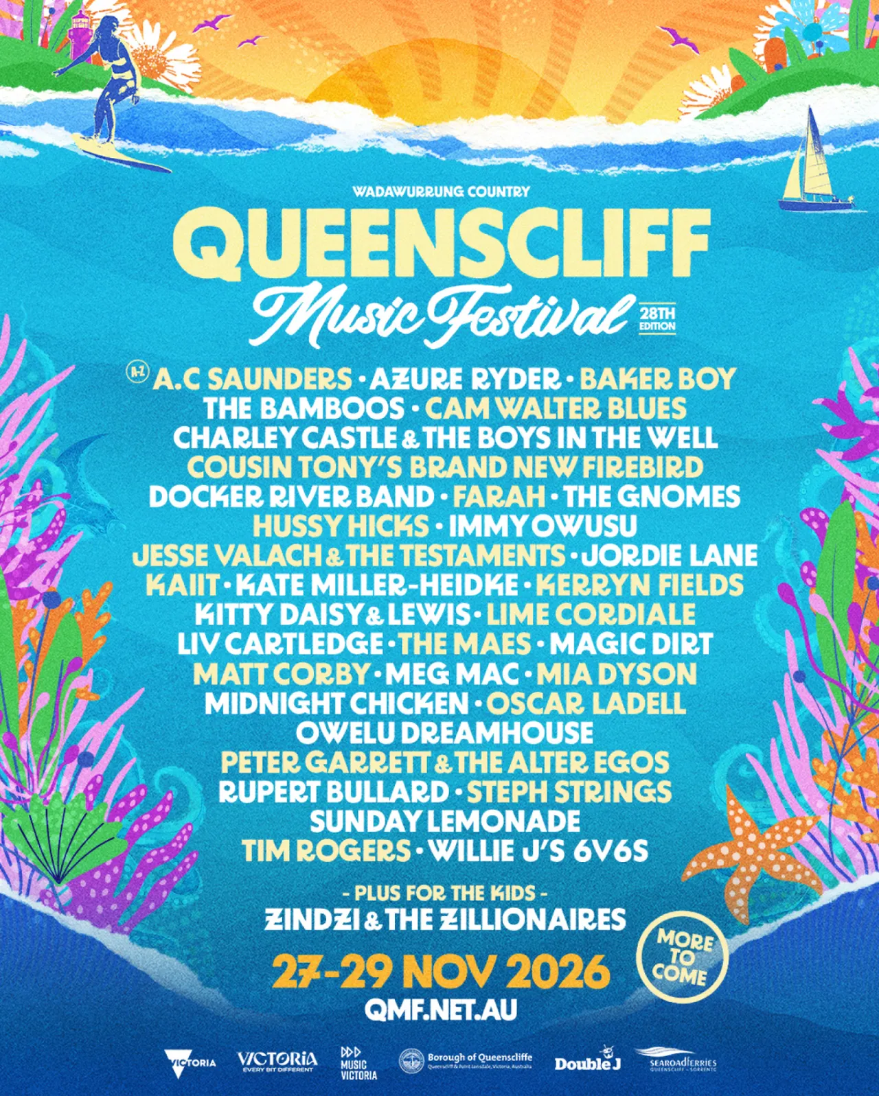 Queenscliff Music Festival 2026 poster with a beach theme, featuring the line-up including Baker Boy, Lime Cordiale, Matt Corby, and Meg Mac.