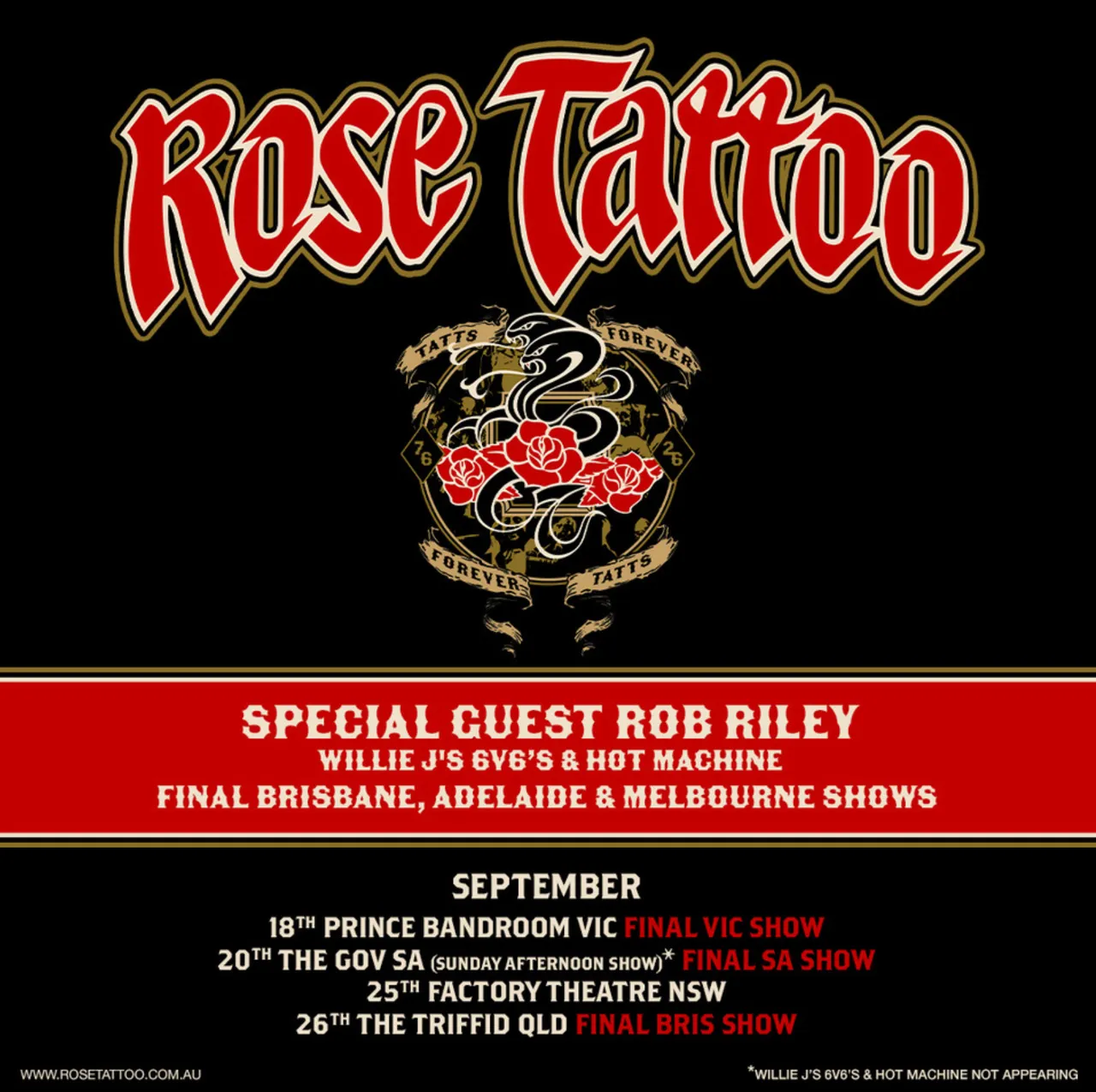 Rose Tattoo Australian tour poster featuring a snake and rose emblem, special guest Rob Riley, and September concert dates for VIC, SA, NSW, and QLD