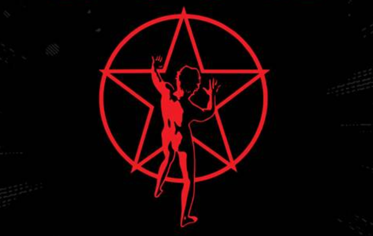 Red iconic Rush Starman logo depicting a silhouetted figure in front of a pentagram inside a circle against a black background.
