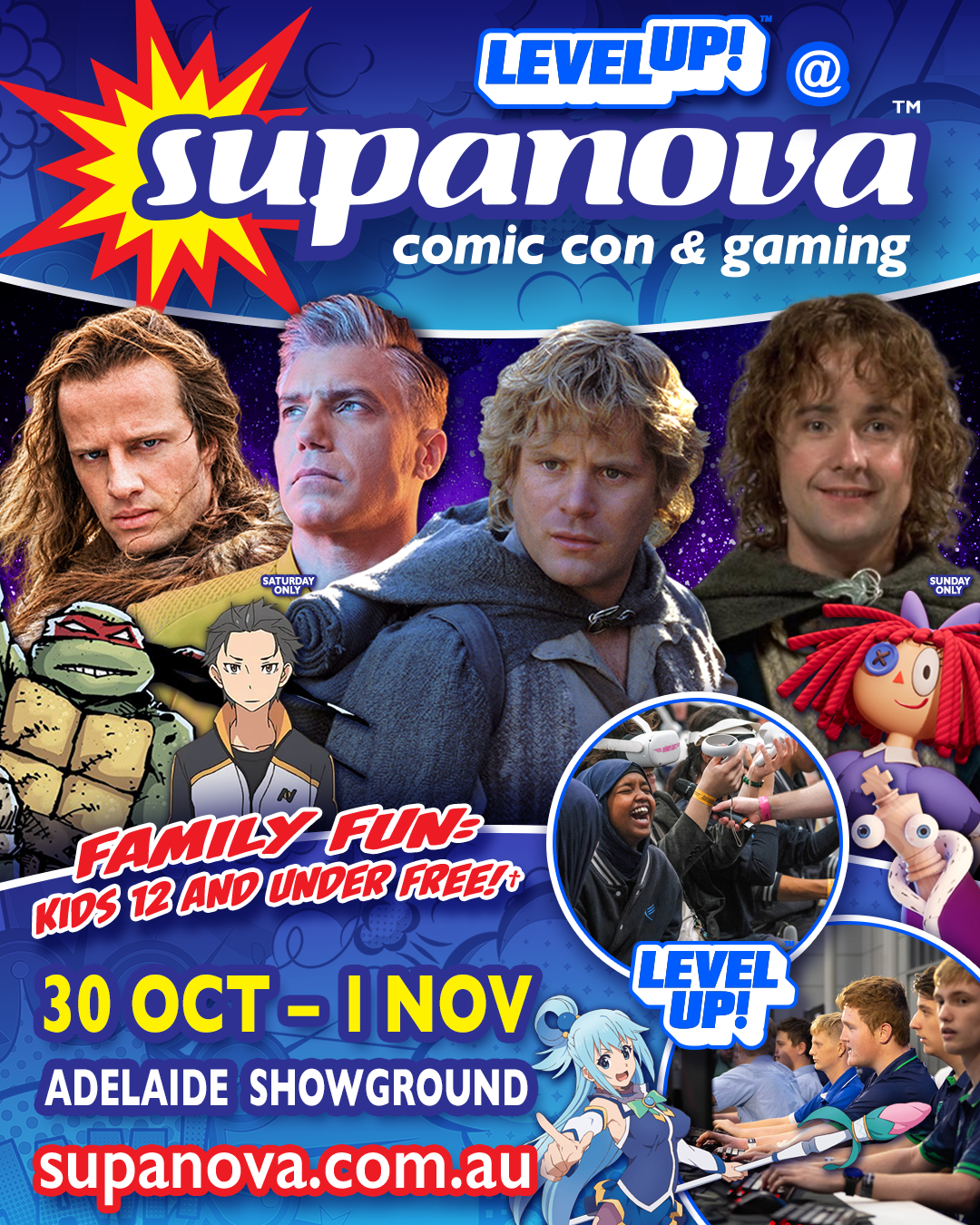 Supanova Comic Con & Gaming poster for Adelaide Showground held 30 Oct to 1 Nov featuring pop culture guests.
