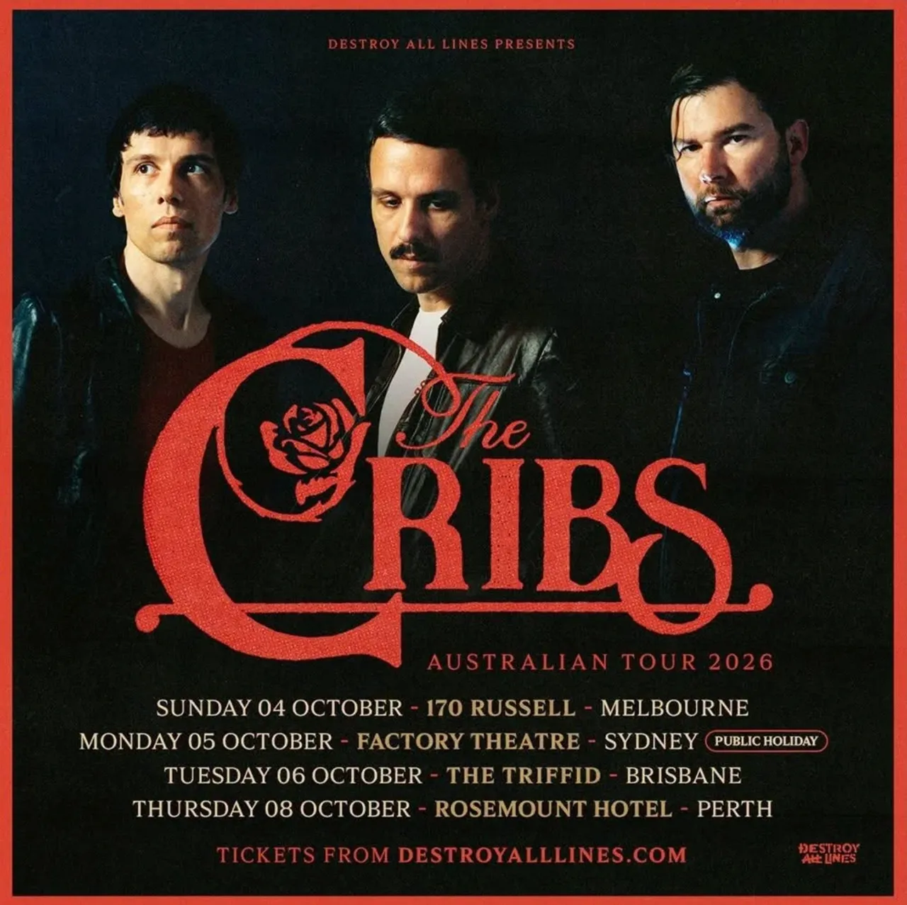 The Cribs Australian Tour 2026 poster featuring the band members, red rose logo, and October dates for Melbourne, Sydney, Brisbane, and Perth.