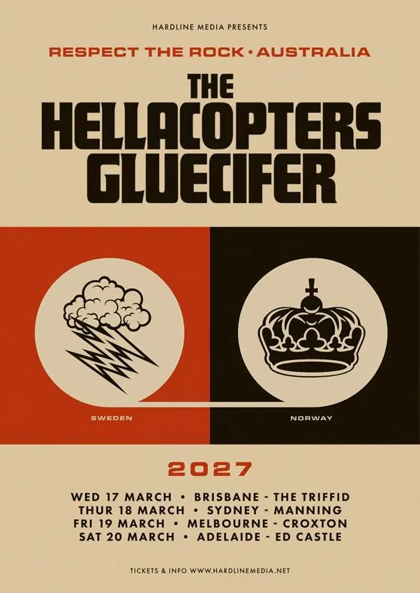 The Hellacopters and Gluecifer Respect the Rock Australian tour poster with 2027 show dates for Brisbane, Sydney, Melbourne, and Adelaide.