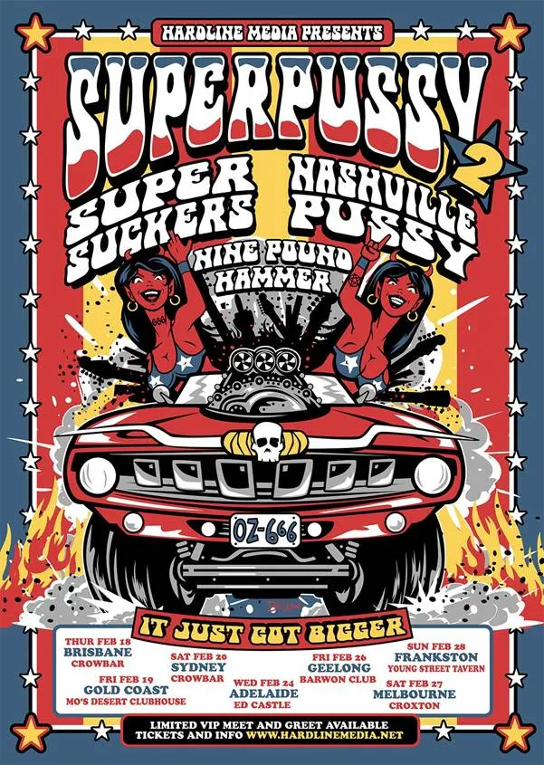 Superpussy 2 tour poster for The Supersuckers and Nashville Pussy, showing a red muscle car driven by two cartoon devil women over tour dates.