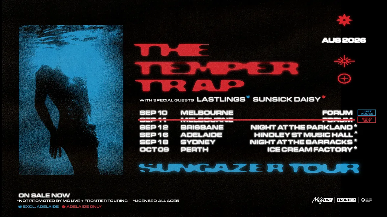 The Temper Trap Sungazer Tour 2026 poster features a blue underwater graphic and red text listing Australian tour dates and special guests.