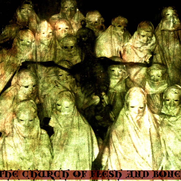Album cover for Vera's The Church Of Flesh And Bone depicting hooded figures in a dark, eerie crowd scene under a green-tinged light.