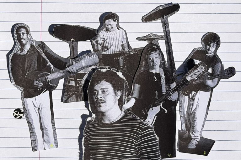 Black and white paper cutout collage of indie rock band Wishy members with instruments layered on lined paper.