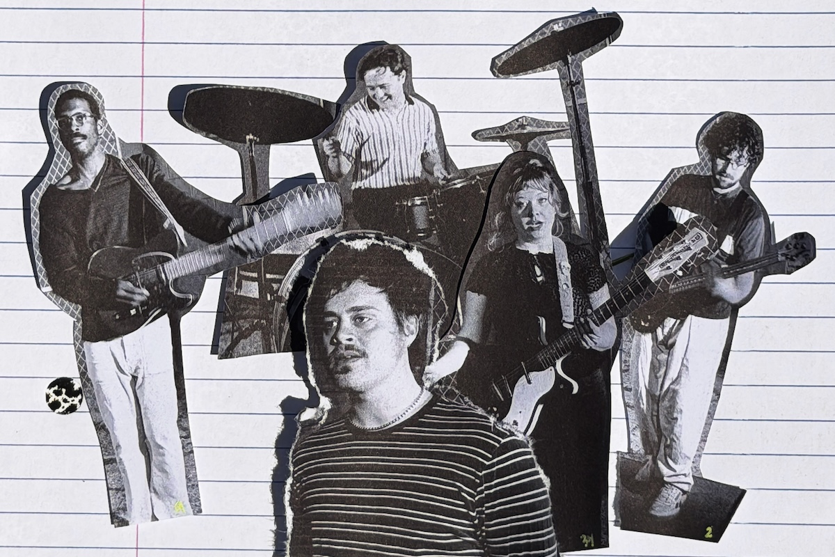 Black and white paper cutout collage of indie rock band Wishy members with instruments layered on lined paper.