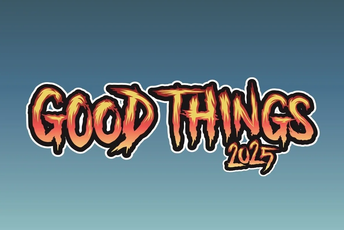 Official Good Things 2025 Festival logo featuring fiery orange and red stylized text on a blue gradient background.