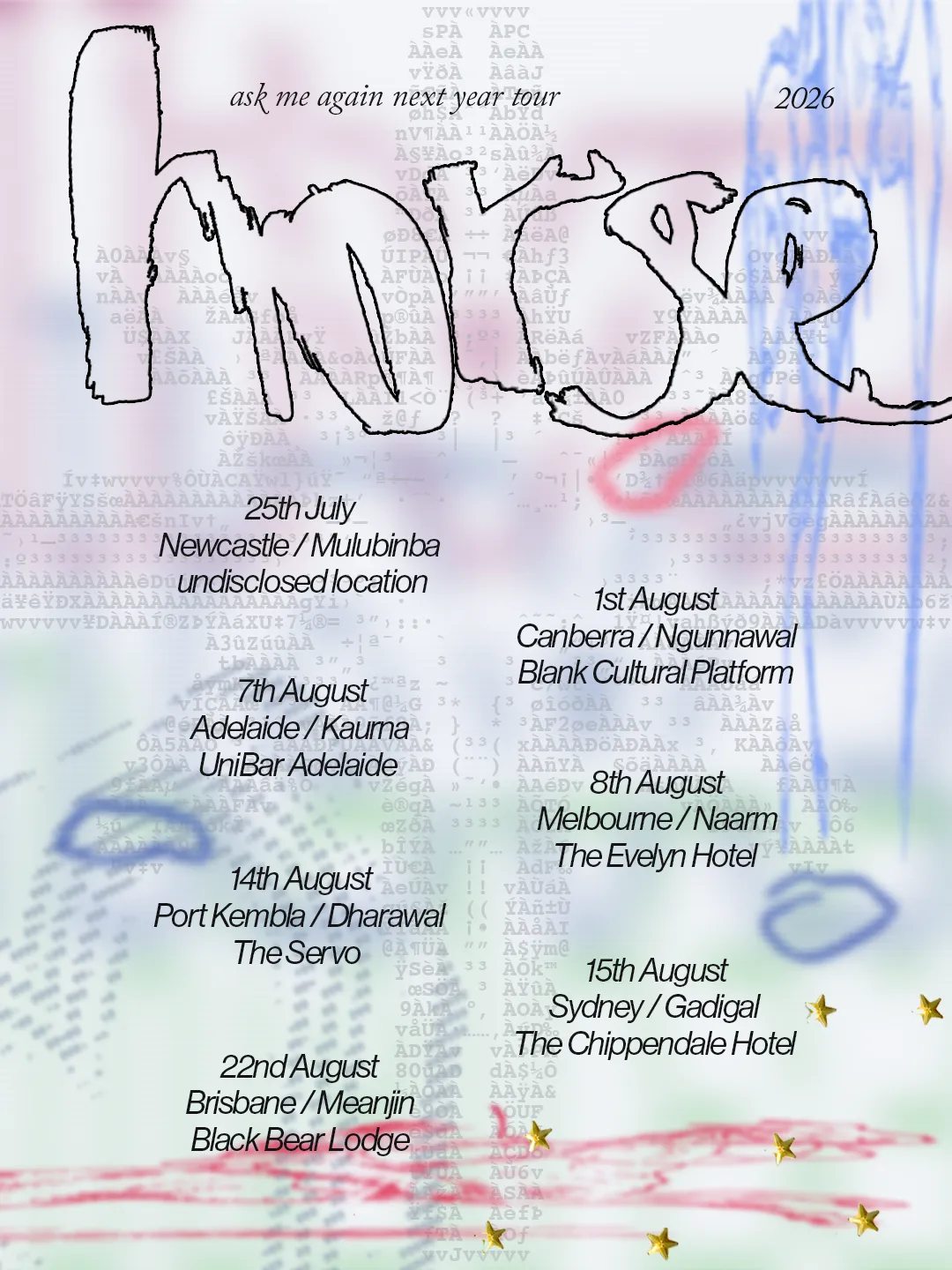 Tour poster for Horse's 2026 "ask me again next year tour" featuring large hand-drawn text, abstract background scribbles, and Australian dates.
