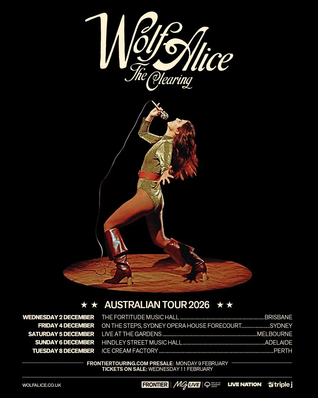 Tour poster for Wolf Alice: The Clearing Australian Tour 2026. Featuring Ellie Rowsell on stage with tour dates for Brisbane, Sydney, Melbourne, Adelaide, and Perth.